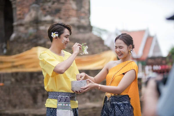 Beautiful Young Thai Couple Wearing Thai Costumes Playing Water Songkran Stock Picture
