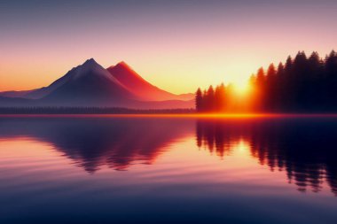 beautiful sunset in lake with hills and pine trees