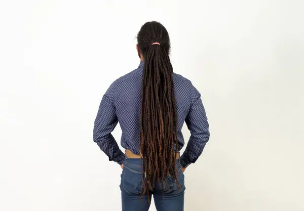 Latino Man Rasta Hair Beard Stand Back White Background — Stock Photo, Image