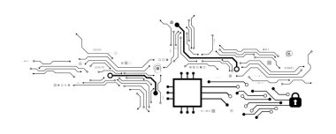 Elektronik devre kartı ile harmanlanmış, mimari siluetler ve çizgi sanat tasarımı içeren klasik şehir manzarası çizimi.