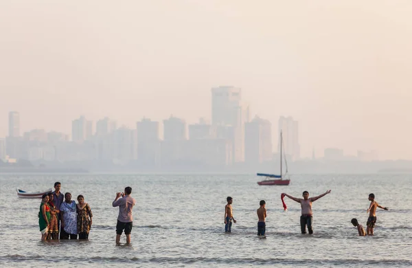 stock image Families enjoying the sea, Chowpatty Beach, Mumbai, India