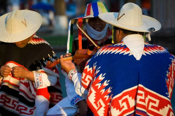 カラフルな伝統的なドレスでミチョアカンのミュージシャン メキシコ ストックフォト