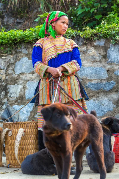 Flower Hmong Vrouw Die Honden Verkoopt Zondag Markt Bac Vietnam Stockfoto