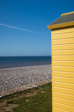 Beach and beach hut at Budleigh Salterton, East Devon, England, United Kingdom