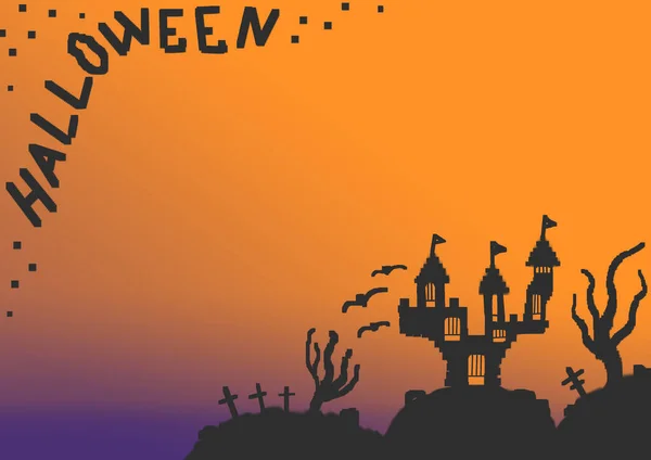 Halloween background on purple and orange colour with gradient and dark black castle. Frame or pattern with Copy space for holiday Helloween