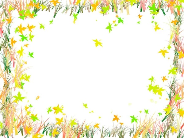 Grass and maple leaf frame for background with copyspace. Autumn white background and plant frame