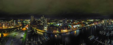 An aerial photo of the Wet Dock in Ipswich, Suffolk, UK at night