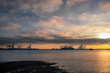 Suffolk, İngiltere 'deki Felixstowe Limanı üzerinde gün doğumu