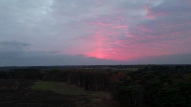 Suffolk, İngiltere 'deki Rendlesham Ormanı üzerinde güneşin 4k süratli batışı