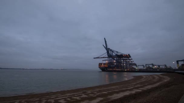 Tijdsverloop Van Het Lossen Van Een Containerschip Haven Van Felixstowe — Stockvideo