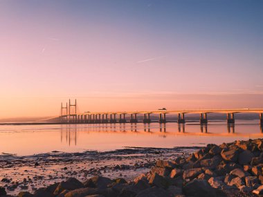 The Severn Bridge at sunset in Gloucestershire, UK