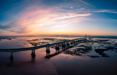 The Severn Bridge at sunset in Gloucestershire, UK