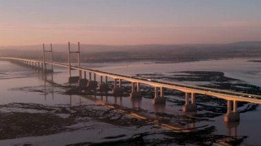 4k drone footage of the Severn Bridge at sunset in Gloucestershire, UK