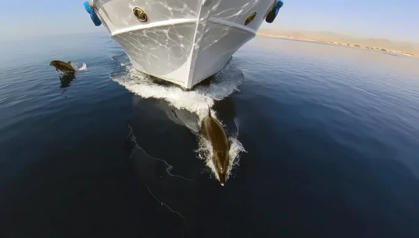 Внизу Дельфіни Tursiops Truncatus Пливуть Хвилях Підводного Човна Червоному Морі Ліцензійні Стокові Фото