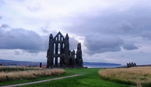 Silhouette Whitby Abbey Grey Skies Whitby North Yorkshire Stock Image