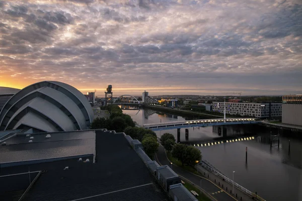 Wschód Słońca Nad Wybrzeżem Clyde Centrum Glasgow Szkocja — Zdjęcie stockowe