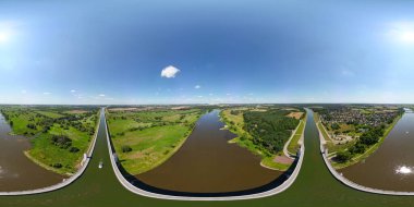 A 360 degree aerial view of the Magdeburg Water Bridge spanning the River Elbe near Wolmirstedt, Germany clipart