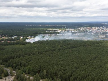 An aerial view of a fire in a forest near Zagan, Lubusz, Poland