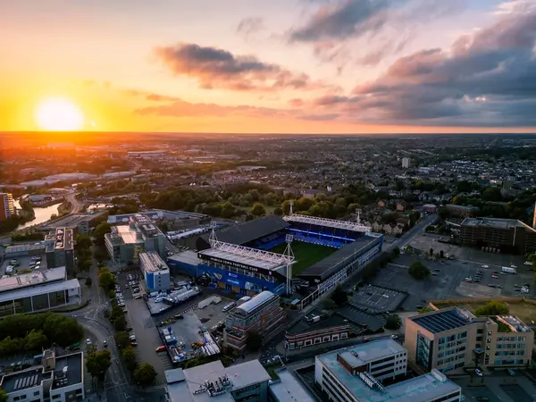 stock image An aerial view as the sun sets over Portman Road stadium in Ipswich, Suffolk, UK