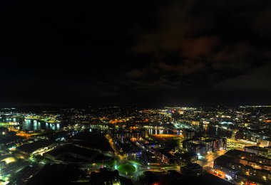 An aerial photo of the Wet Dock in Ipswich, Suffolk, UK at night