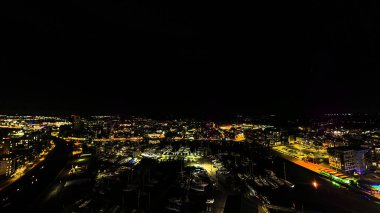 An aerial photo of the Wet Dock in Ipswich, Suffolk, UK at night