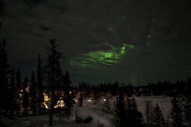 Kuzey Işıkları (Aurora Borealis), Kanada 'nın Kuzeybatı Bölgesi, Yellowknife yakınlarındaki ormanlarda aydınlatılmış çadırlar.
