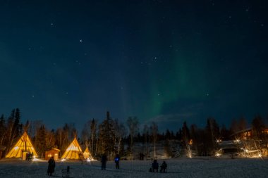 Kuzey Işıkları (Aurora Borealis), Kanada 'nın Kuzeybatı Bölgesi, Yellowknife yakınlarındaki ormanlarda aydınlatılmış çadırlar.