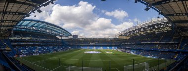 Londra, İngiltere 'deki Chelsea FC' nin evi Stamford Köprüsü 'nün panoramik görüntüsü.