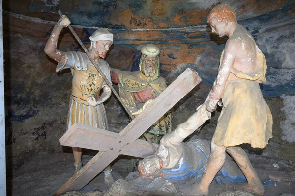 May 2022 Mongardino Italy Wooden Statues Depicting Way Cross Jesus — Fotografie, imagine de stoc