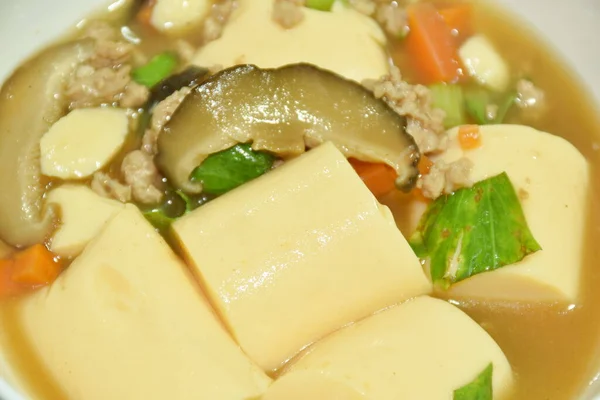 Smażone Tofu Jajeczne Posypką Wieprzową Sosie Słodko Kwaśnym Misce — Zdjęcie stockowe