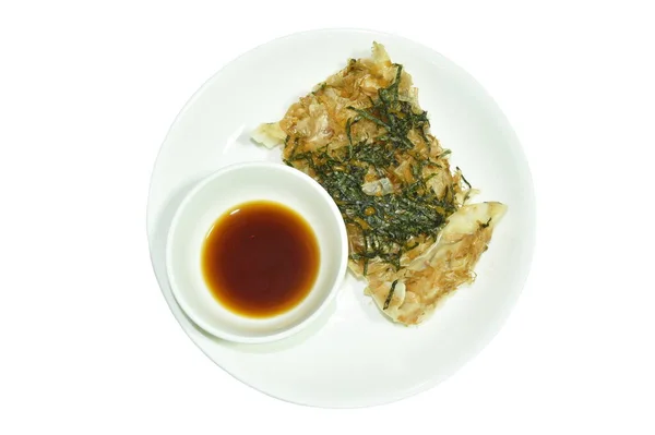 Gyoza Frit Croustillant Boulette Japonaise Farcie Purée Porc Vinaigrette Algues — Photo