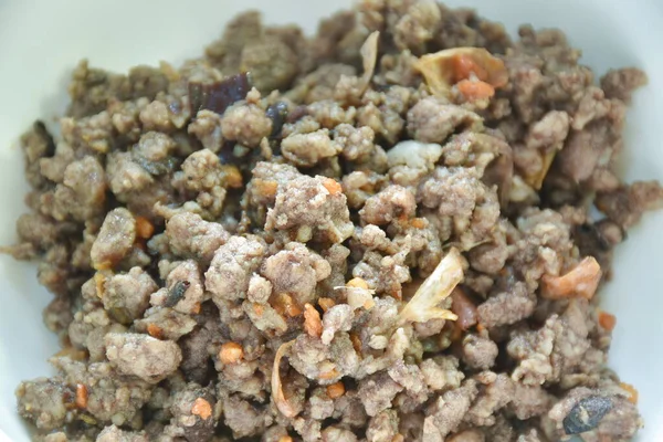 Mescolare Carne Maiale Fritta Con Olive Nere Cinesi Sulla Ciotola — Foto Stock