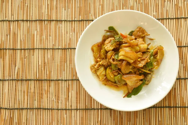 Stir Fried Spicy Wild Boar Eggplant Red Curry Plate — Stock Photo, Image