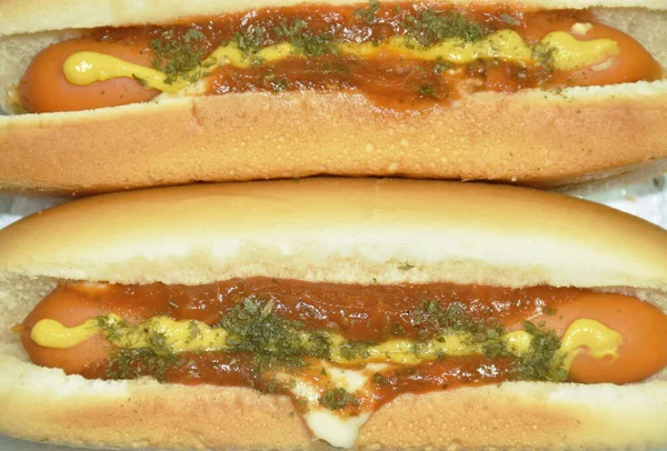 Hot Dog Stuffed Smoky Pork Sausage Dressing Mayonnaise Sauce Ketchup — Stock Photo, Image
