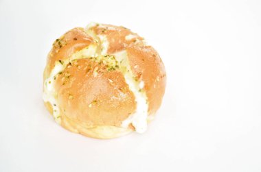 bread bun stuffed garlic cheese sauce arranging on white background