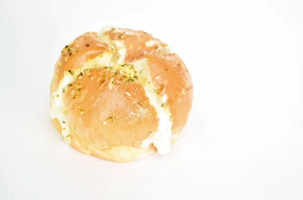 bread bun stuffed garlic cheese sauce arranging on white background