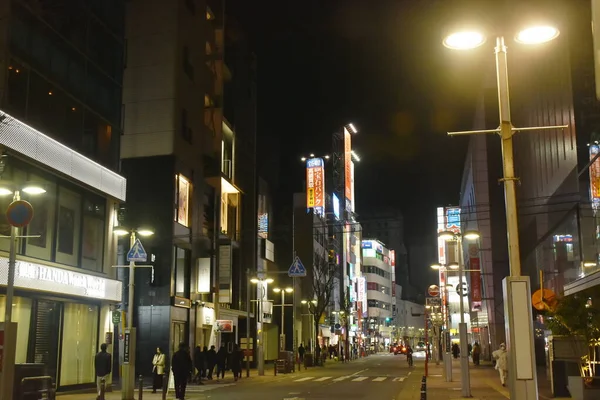 Fukuoka Japan Marca 2023 Budowa Baner Reklamowy Led Fukuoka Nocy — Zdjęcie stockowe