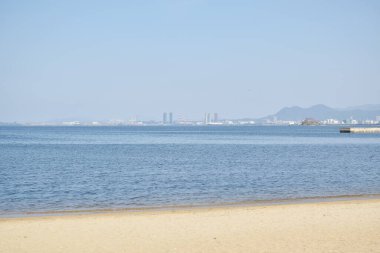 Fukuoka Japonya 'da deniz kenarı Momochi plaj parkı manzarası 