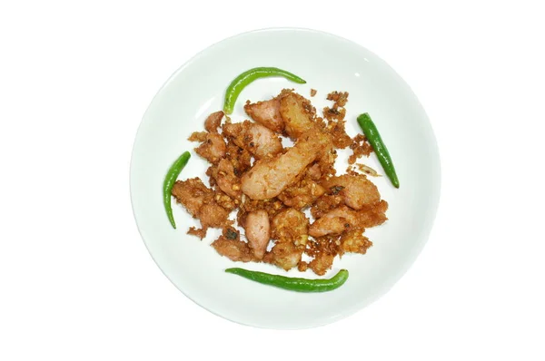 Fried Fermenting Pork Garlic Fresh Chili Plate — Stock Photo, Image