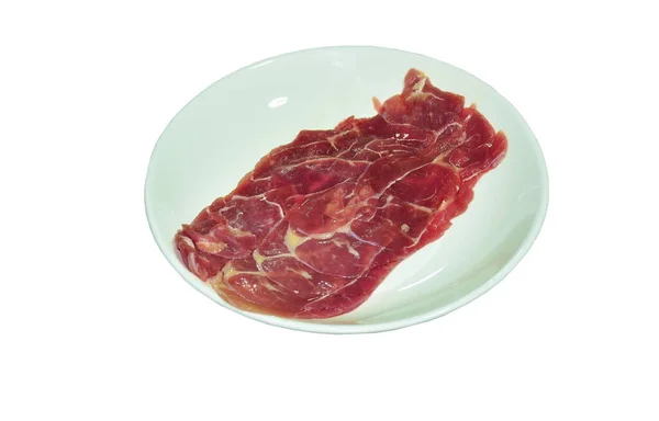Kawałek Mięsa Trzpień Surowej Żywności Aranżacji Płycie Izolowane Białym Tle — Zdjęcie stockowe
