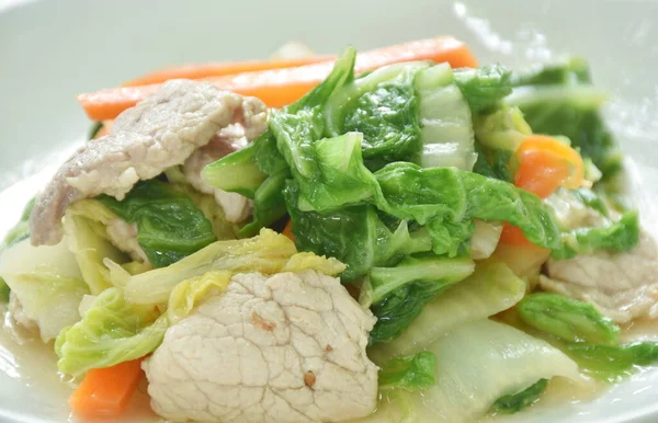 stock image stir fried slice green Chinese cabbage and carrot with pork on plate   