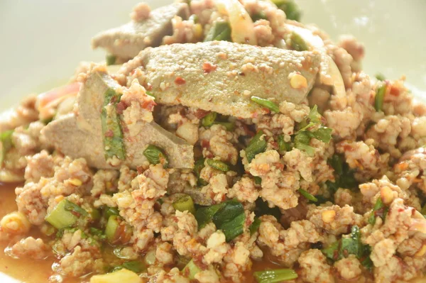 Porco Costeleta Fervido Picante Azedo Tailandês Com Salada Fígado Chapa — Fotografia de Stock