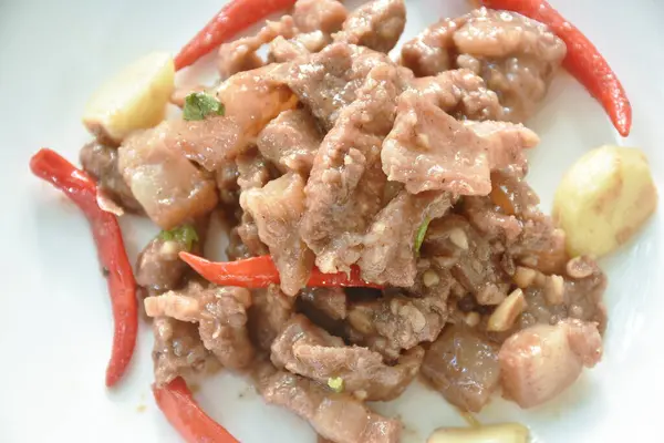 Spicy Stir Fried Pork Belly Chili Shrimp Paste Sauce Plate — Stock Photo, Image