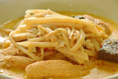 Hindistan cevizi sütlü köri çorbasında tavuk ve kanla haşlanmış taze bambu filizi.