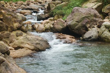 Su, Tayland 'daki Kho Chong Lom şelalesinde taştan taşa dökülüyor.