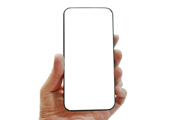Мобильный Телефон Держит Руке Человека Белом Фоне — стоковое фото
