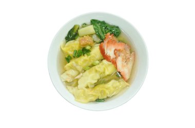 Çin usulü hamur köftesi dilimlenmiş kırmızı barbekü domuz eti ve temiz çorba.