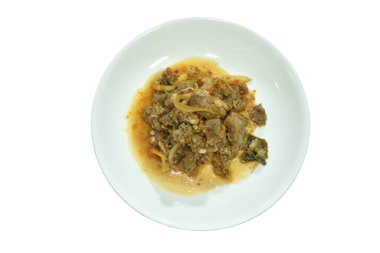 Baharatlı kızarmış sığır eti ve tatlı acı biber ezmesi.  