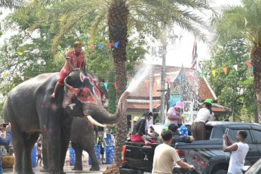 Ayutthaya Tayland 14 Nisan 2024: Songkarn festivalinde turistler arasında su sıçrattı