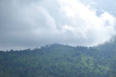 Tayland 'daki Sai Thong su deposunda yağmur bulutu ve sisle kaplı dağ manzarası.